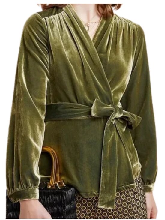 Anthropologie Olive Green Velvet Wrap Blouse - Picture 2 of 10